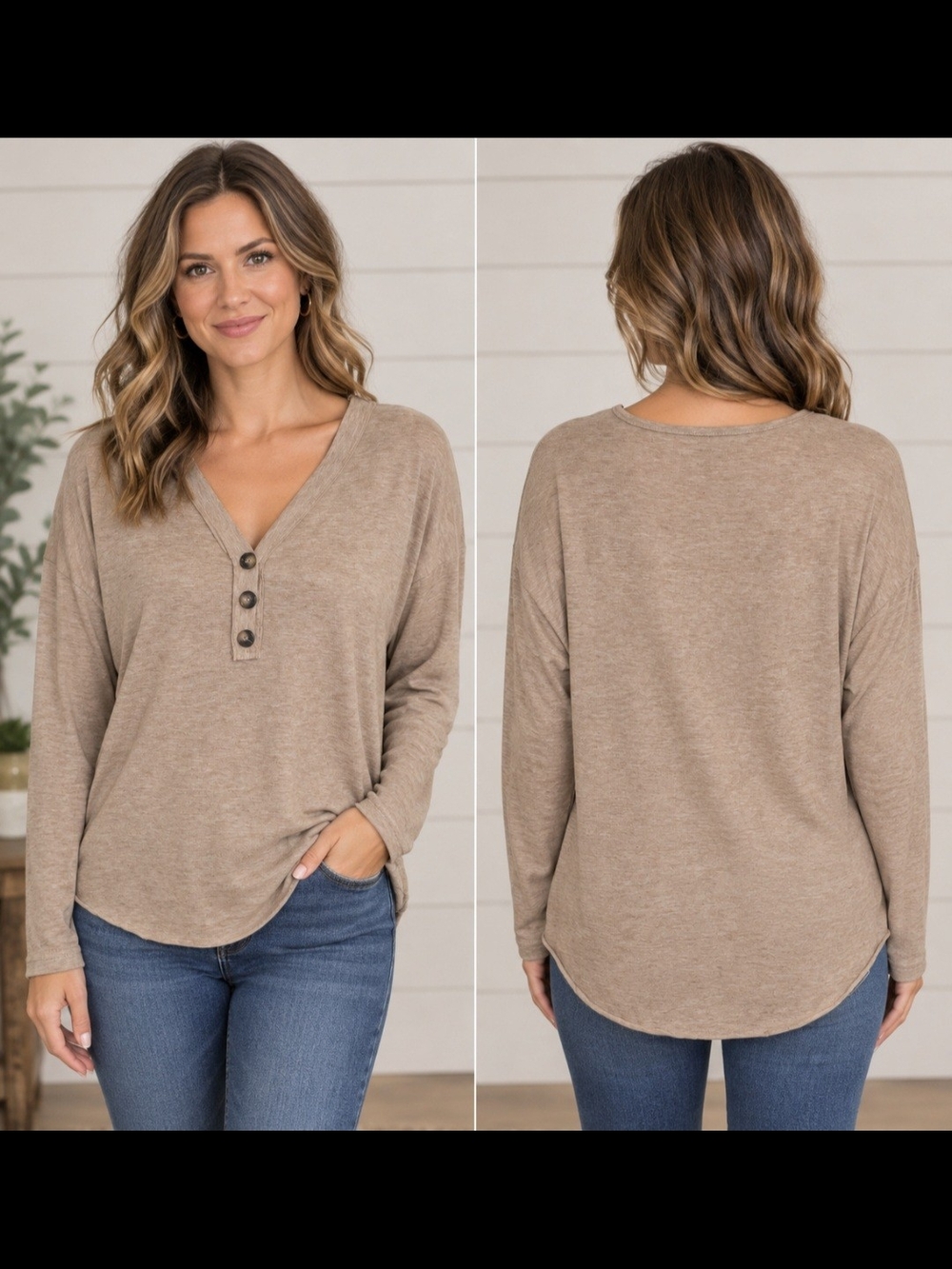 SHEIN Taupe Long Sleeve Henley Button Top